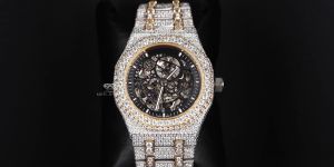 Skeleton Dial Round Case White Yellow Tone Iced Out Moissanite Diamond Watch