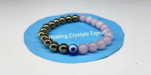 Rose Quartz Pyrite Beaded Stretch Bracelet with Evil Eye