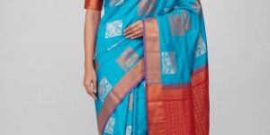 sky blue boxes design silk saree