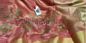 Peach Embroidered Linen Saree
