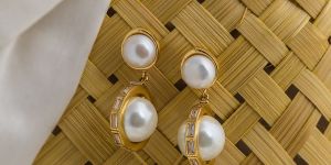 Baguette Zirconia Encased Pearl Drop Statement Earrings