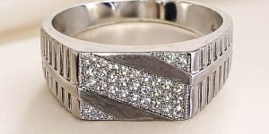 Mens Sterling Silver Ribbed Criss Cross Diamond Ring