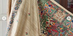 Ladies Traditional Madhubani Hand Painted Tussar Silk Saree