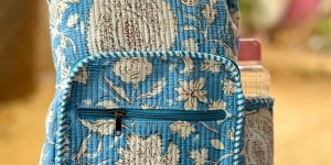 Sky Blue Floral Hand Block Print Quilted Cotton Backpack