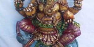 24 Inches Wooden Four Armed Seated Ganesha Wooden Statue
