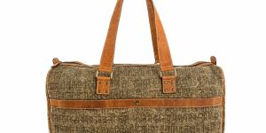 Washed Jute Leather Trim Travel Duffle Bag