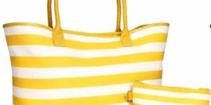 Yellow Striped Cotton Canvas Beach Bag with PU Trim