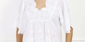Ladies White Cotton Cambric Embroidered Short Kurti