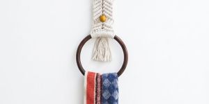 White Handcrafted Macrame Towel Holder with Wooden Beads