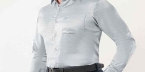Mens Semi Formal Silver White Cotton Shirt