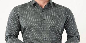 Mens Trendy Grey Printed Cotton Full Sleeve Shirt