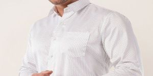 Mens White DOT Printed Cotton Full Sleeve Shirt