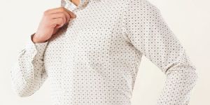Mens White Printed Cotton Linen Full Sleeve Shirt