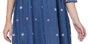Ladies Blue Embroidered Denim Boho Dress
