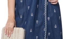 Ladies Sleeveless Blue Embroidered Denim Kurti