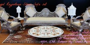 Teak Wood Carved Pure Silver Inlay Sofa Set and Chaise