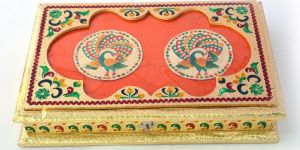 Golden Meenakari Peacock Pair Design Dryfruit Box