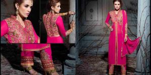 Long Cut Ruby Color Embroidered Suit-575