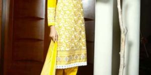 Yellow Pakistan Lawn Embroidered Dress Material