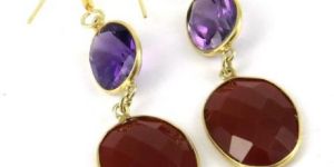 Sterling Silver Earrings (Amethyst Red Onyx Fish Hook Lock 925)