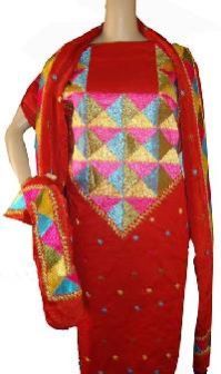 Ladies Punjabi Red Unstitched Phulkari Suit