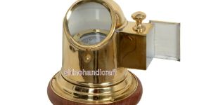 Brass Helmet Compass Nautical Item with Wooden Base