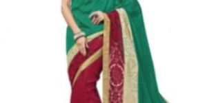 Sati Green, Red And Beige Coloured Dupion Saree