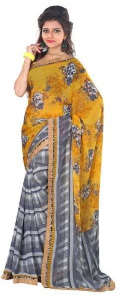 Yellow Coloured Marble Chiffon Floral Print Saree