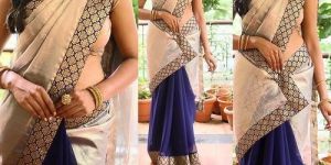 Cream & Blue Printed Georgette Sarees