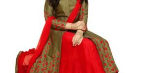 Olive & Red Glace Cotton Indo Western Lehenga Suits