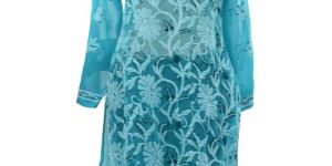 Blue Flowers Chikan Embroidery Kurti
