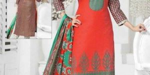 Red Multi Colour Cotton Dress Material