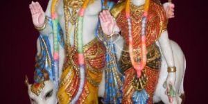 White Marble Radha Krishna Statues with Cow