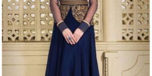 BLUE SOFT NET EMBROIDERY DESIGNER ANARKALI SUIT R-49