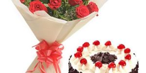 Red Roses with Black Forest Cake