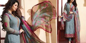 Ladies Flavour Designer Embroidery  Slate Grey Georgette Straight Suit