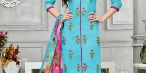 Ladies Flavour Sky Blue Chanderi Cotton Embroidered Unstitched Dress Material