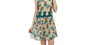 Beige Georgette Floral Print Western 1 Piece