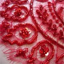 Classic Red Floral Pearl Sequins Handwork Embroidery Net Fabric