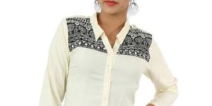 Off-White Embroidered Collar Neck Viscose Casual Women's Shirt