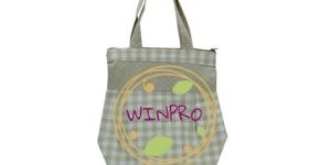 Beige Check Printed Fabric Return Gift Bag