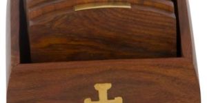 Set of 6 Hand Carved Wooden Bar Coasters & Holder Fine Polished Anchor Embedded