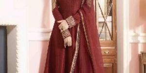 Poly Cotton Border Work Maroon Long Suits