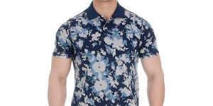 GirggiOverdyed Snorkel Blue All Over Floral Print Pique Cotton Polo T-Shirt For Men With Enzyme Wash