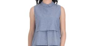 Girggit blue-cotton-georgette-sleeveless-layered-top-with-collar
