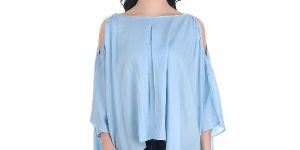 Girggit Ocean Blue Viscose Boat Neck Pleated Drop Shoulder Top With 3/4 Sleeve