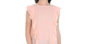 Girggit Orchid Bouquet Polyester Round Neck Georgette Sleeveless Ruffled Power Shoulder Top