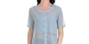 Girggit Silver Grey Polyester Georgette Half Sleeves Front Buttoned Collared Top