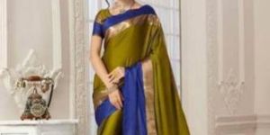 Designer Pure Cotton Saree (Green and Dark Blue Color)