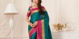 Designer Pure Cotton Saree (Green And Pink Color)